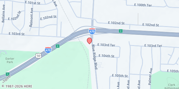 Map showing The Strickland Center / Consuming Fire Ministries at 10306 Blue Ridge Blvd, Kansas City, MO