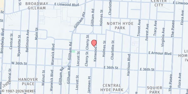Map showing Trinity United Methodist Church at 620 E Armour Boulevard, Kansas City, MO