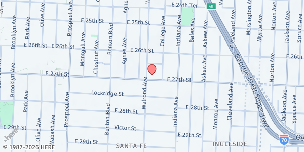Map showing True Faith Outreach at 3206 East 27th Street, Kansas City, MO