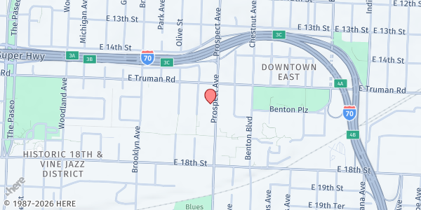 Map showing Uplift Organization - Kitchen at 1516 Prospect Avenue, Kansas City, MO