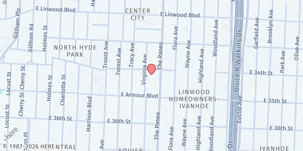 Map showing Victorious Life Church - Dorothy Sorrells Food Pantry at 3400 The Paseo, Kansas City, MO