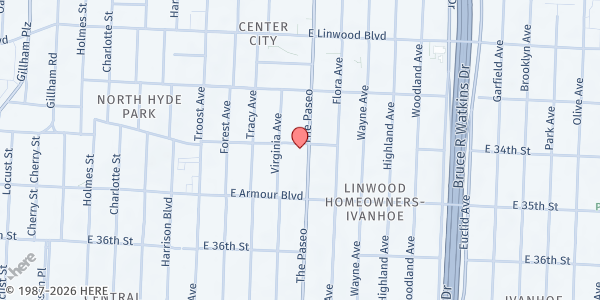 Map showing Victorious Life Church at 3400 Paseo Boulevard, Kansas City, MO