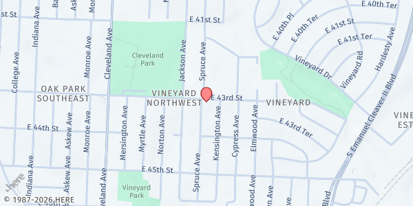 Map showing Vineyard Neighborhood Food Pantry at 4301 E. 43rd St., Kansas City, MO