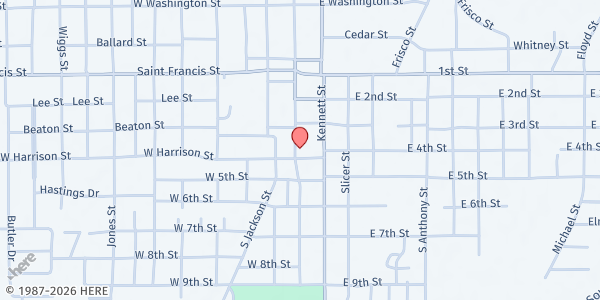 Map showing KENNETT OAKS CENTER at 100 Harrison Street, Kennett, MO