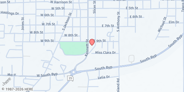Map showing Kennett OAKS Nutrition Center at 100 W. Harrison St., Kennett, MO