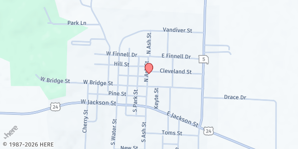 Map showing Keytesville First Baptist Church at 100 S Ash St, Keytesville, MO