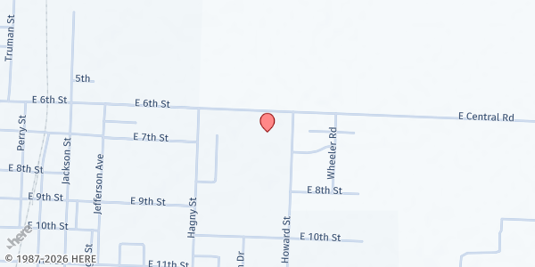 Map showing First Baptist Church at 1301 E 6th St, Lamar, MO