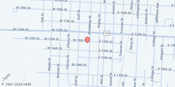 Map showing Lamar Church of the Nazarene at 1301 Broadway St, Lamar, MO