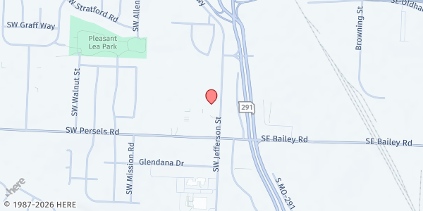 Map showing Abundant Life Church - Lee's Summit at 1300 SW Jefferson St, Lee's Summit, MO