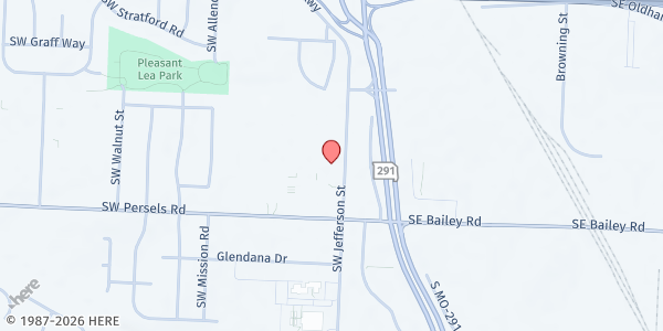 Map showing Abundant Life Food Pantry at 1300 SW Jefferson St, Lee's Summit, MO