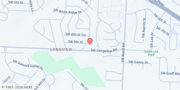 Map showing Longview Baptist Church at 1300 SW Longview Rd., Lee's Summit, MO