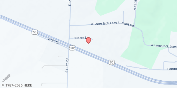 Map showing Hope United Methodist Church at 525 Hunter Ln, Lone Jack, MO