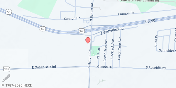 Map showing Lone Jack Baptist Church at 202 S Bynum Rd, Lone Jack, MO