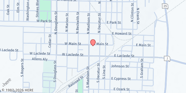 Map showing Malden Nutrition Center at 117 E. Main St., Malden, MO