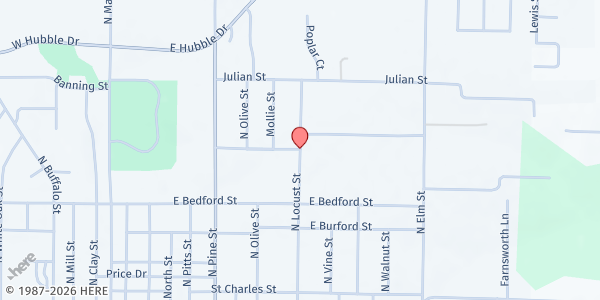 Map showing Hubble Elementary at 600 North Locust Street, Marshfield, MO