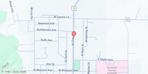 Map showing Scotland County Food Pantry at 722 N. Clay St, Memphis, MO