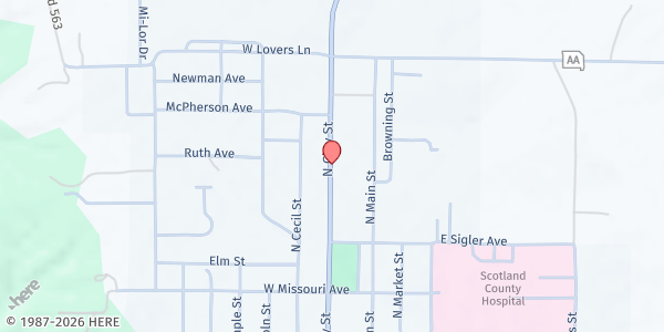 Map showing Scotland County Ministerial Alliance Food Pantry at 722 N. Clay St., Memphis, MO