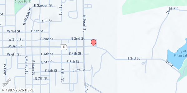 Map showing Milan Interfaith Food Pantry at 810 E 3rd St., Milan, MO