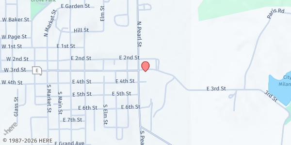 Map showing Milan Interfaith Food Pantry - Food Distribution Center at 810 E 3rd St, Milan, MO