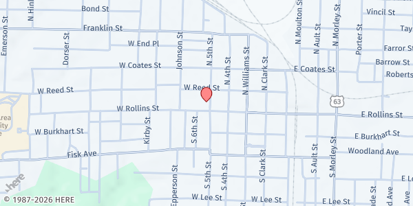 Map showing Christos Center at 500 W. Rollins St., Moberly, MO