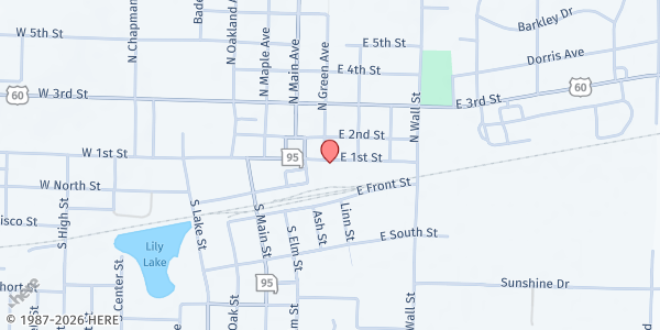 Map showing Love Center Food Pantry and Thrift Store at 304 E 1st St, Mountain Grove, MO