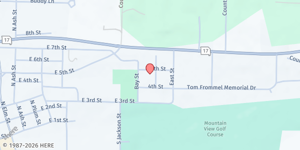 Map showing New Beginings Fellowship Church of God of Prochecy at 911 E 5th St, Mountain View, MO