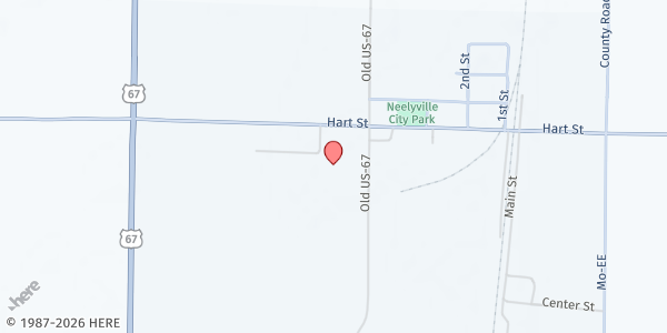 Map showing Neelyville Food Pantry at 150 - 3 Park St., Neelyville, MO
