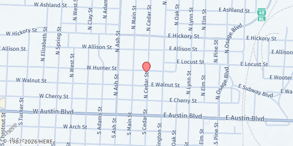 Map showing Community Outreach - Nevada Pantry at 229 N Cedar St, Nevada, MO