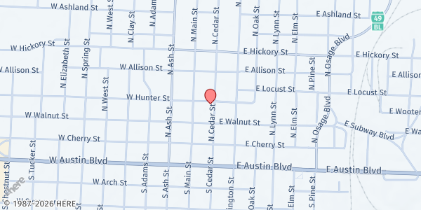 Map showing Community Outreach - The Food Pantry at 229 N. Cedar St., Nevada, MO