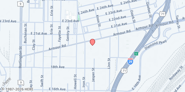 Map showing North Kansas City YMCA at 1999 Iron St., North Kansas City, MO