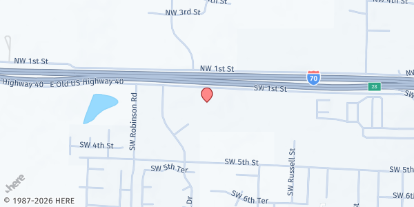 Map showing New Life Church at 801 SW 1st St., Oak Grove, MO