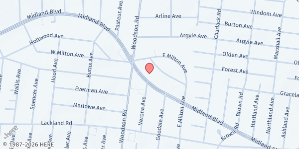 Map showing Ritenour Co-Care Food Pantry at 9303 Midland Blvd, Overland, MO