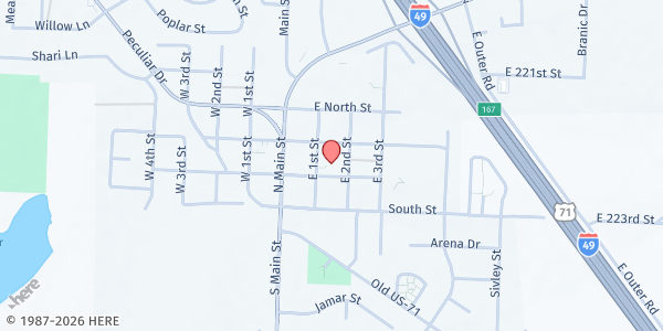 Map showing First Baptist Church Peculiar at 216 E Broadway, Peculiar, MO