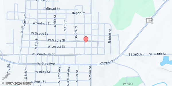 Map showing Plattsburg Food Pantry at 117 West Maple Street, Plattsburg, MO