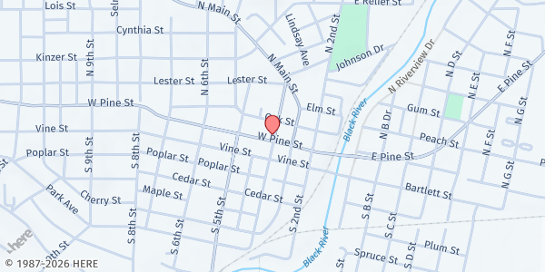 Map showing ST. VINCENT DE PAUL FOOD PANTRY at 215A Broadway (rear entrance), Poplar Bluff, MO