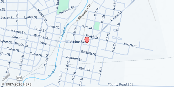 Map showing The Bread Shed at 203 North D Street, Poplar Bluff, MO