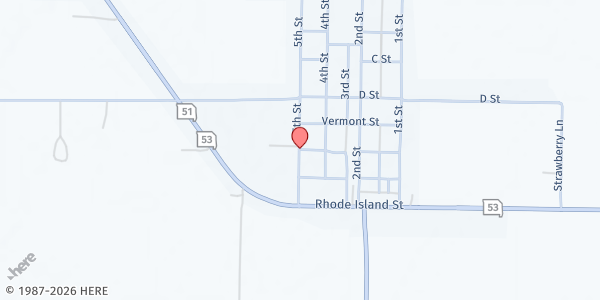 Map showing Qulin Missionary Baptist at 5th & Massachusetts, Qulin, MO