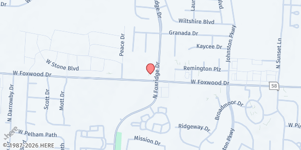 Map showing Eagles Community Outreach at 406 N. Foxridge Dr., Raymore, MO