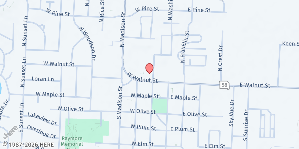 Map showing West Central MO Community Action Raymore at 208 W Walnut Street, Raymore, MO