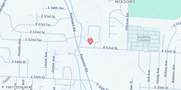 Map showing Brooking Heights Baptist at 9500 E 53rd Street, Raytown, MO