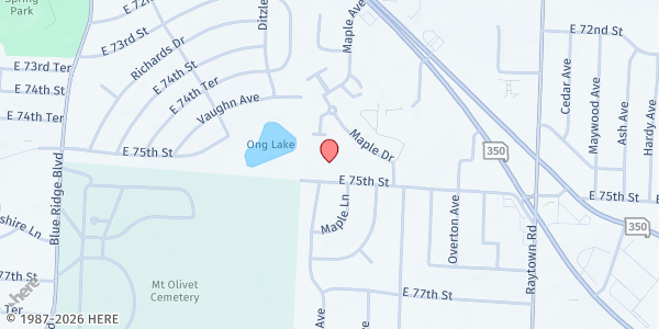 Map showing Raytown Emergency Assistance at 9300 E 75th Street, Raytown, MO