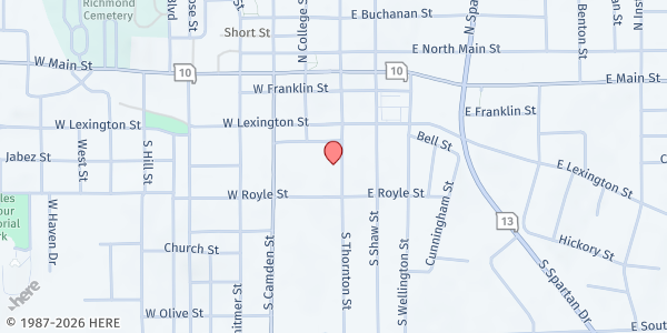 Map showing Richmond church of Christ at 400 S Thornton St, Richmond, MO