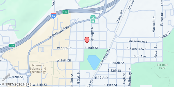 Map showing Rolla First Assembly of God at 1608 N Oak St, Rolla, MO