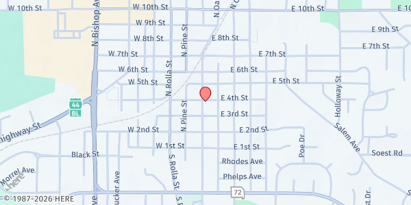 Map showing Salvation Army – Rolla - Food Distribution Center at 102 E 4th St, Rolla, MO
