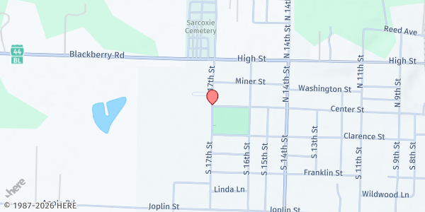 Map showing First Baptist Church - Sarcoxie at 101 North 17th Street, Sarcoxie, MO