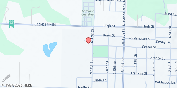 Map showing First Baptist Church Sarcoxie at 101 N. 17th St., Sarcoxie, MO