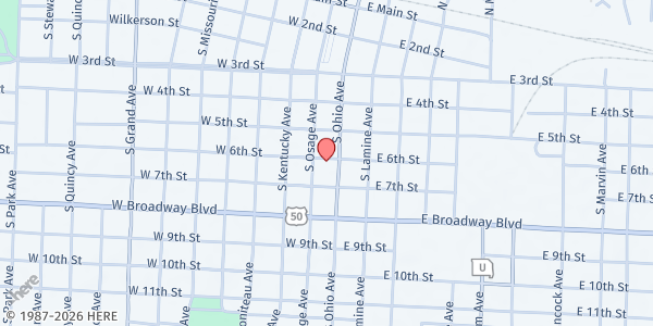 Map showing Open Door Service Center at 111 W. 6th St., Sedalia, MO