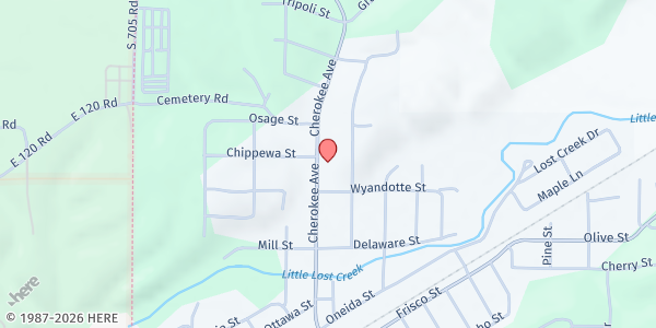 Map showing Seneca Food Pantry at 821 Cherokee Ave., Seneca, MO