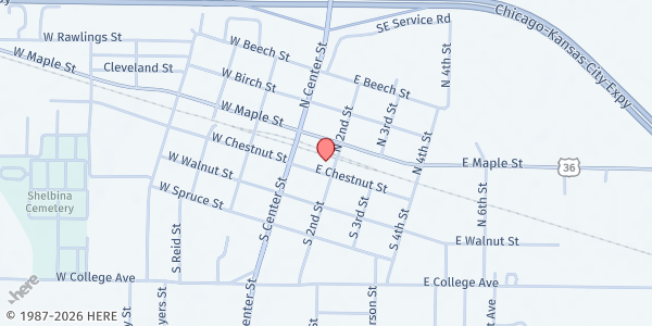 Map showing Shelbina Senior Citizen Center at 112 E. Chestnut St., Shelbina, MO