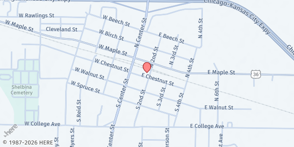 Map showing Shelby County Senior Center at 112 E. Chestnut St., Shelbina, MO